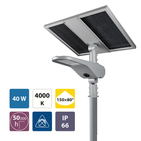 LED pouličné svietidlo Solar G2 40W, šedá farba, IP66, 4000K – teplá biela, svetelný tok 8000lm, uhol vyžarovania 150×80°, CRI>75, životnosť až 50 000h, rozmery ø 653×236×200, materiál hliník + sklo, nestmievateľné, PF>0,9