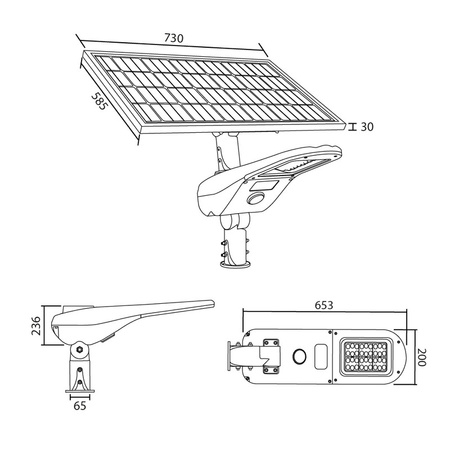 LED pouličné svietidlo Solar G2 40W, šedá farba, IP66, 4000K – teplá biela, svetelný tok 8000lm, uhol vyžarovania 150×80°, CRI>75, životnosť až 50 000h, rozmery ø 653×236×200, materiál hliník + sklo, nestmievateľné, PF>0,9